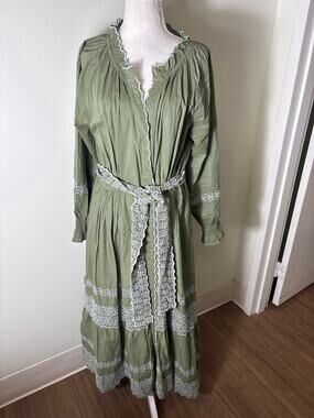 Baybala Army Green Long Sleeve Button Up Cotton Maxi Dress Sz L